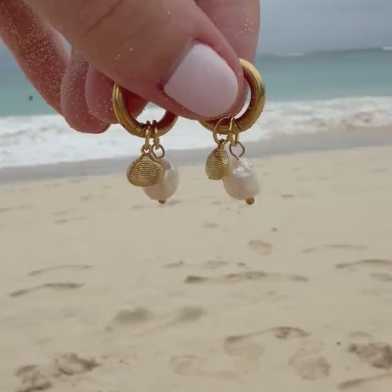 Shoreline Pearl Hoops | Stainless Steel Water Resistant Hoops | Summer Beach Ocean Huggies |