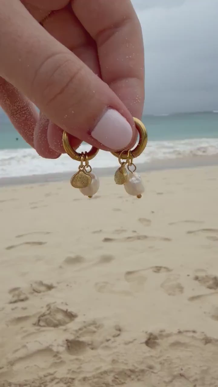 Shoreline Pearl Hoops | Stainless Steel Water Resistant Hoops | Summer Beach Ocean Huggies |