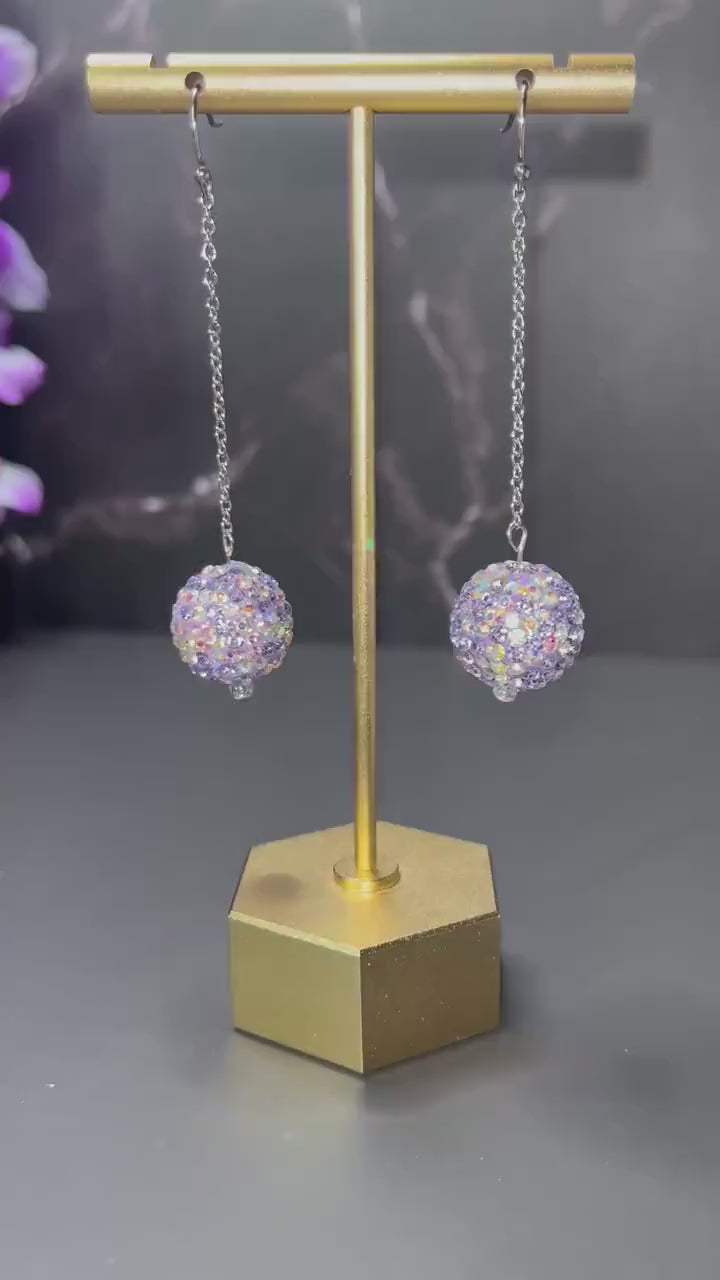 Sparkly Purple Rhinestone Earrings | Lightweight Drop Earrings for Women | Sparkly Light Purple Earrings | Fun Party Game Day | Simple |