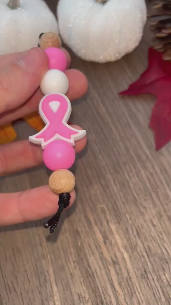 Breast Cancer Awareness Keychain | Pink & White Keychain | Silicone Beaded Keychain | Pink Ribbon Keychain | Gifts for Family Friends |