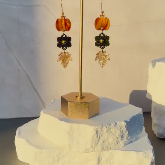 Golden Harvest Drops | Pumpkin Flower Leaf Dangle Earrings | Fall Gold Boho Jewelry