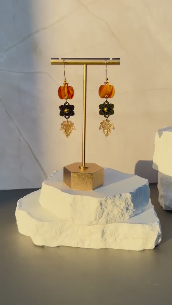 Golden Harvest Drops | Pumpkin Flower Leaf Dangle Earrings | Fall Gold Boho Jewelry