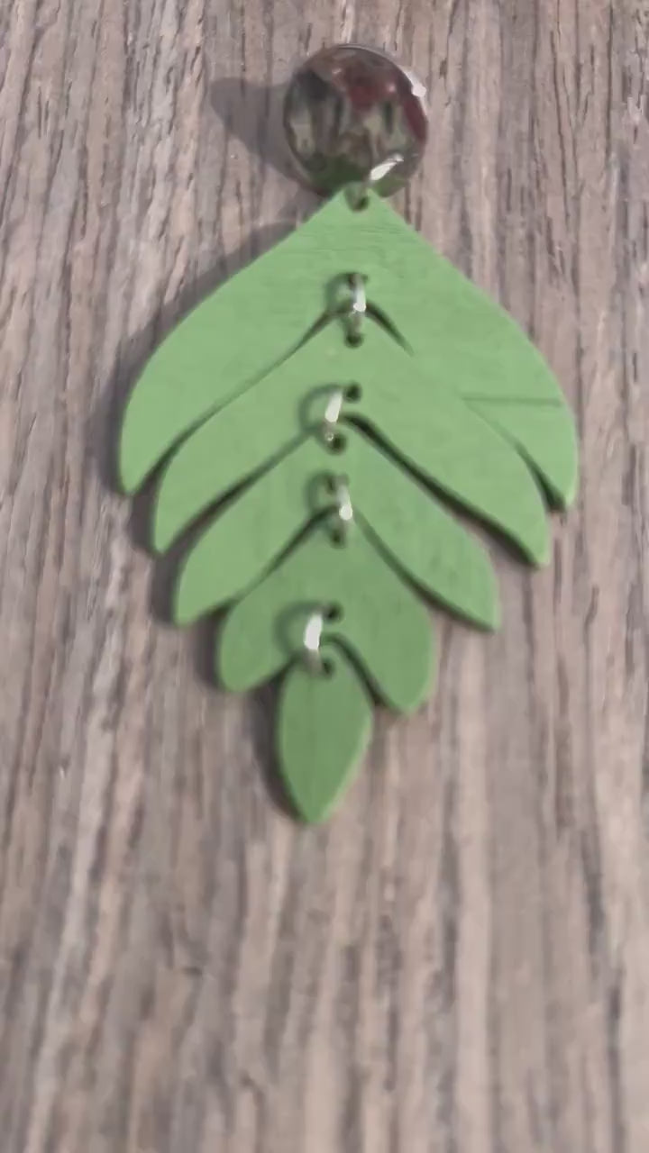 Wood Layered Leaf Earrings | Wooden Silver Dangle Leaf Earrings Women | Fall Summer Stacked Leaf Earrings | Silver Jewelry for Women |