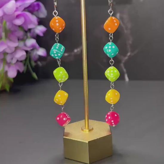 Dice Dangle Earrings | Retro Colorful Dice | Beaded Dice Earrings | Trendy Retro Earrings for Women | Fun Maximalist Jewelry | Lightweight |