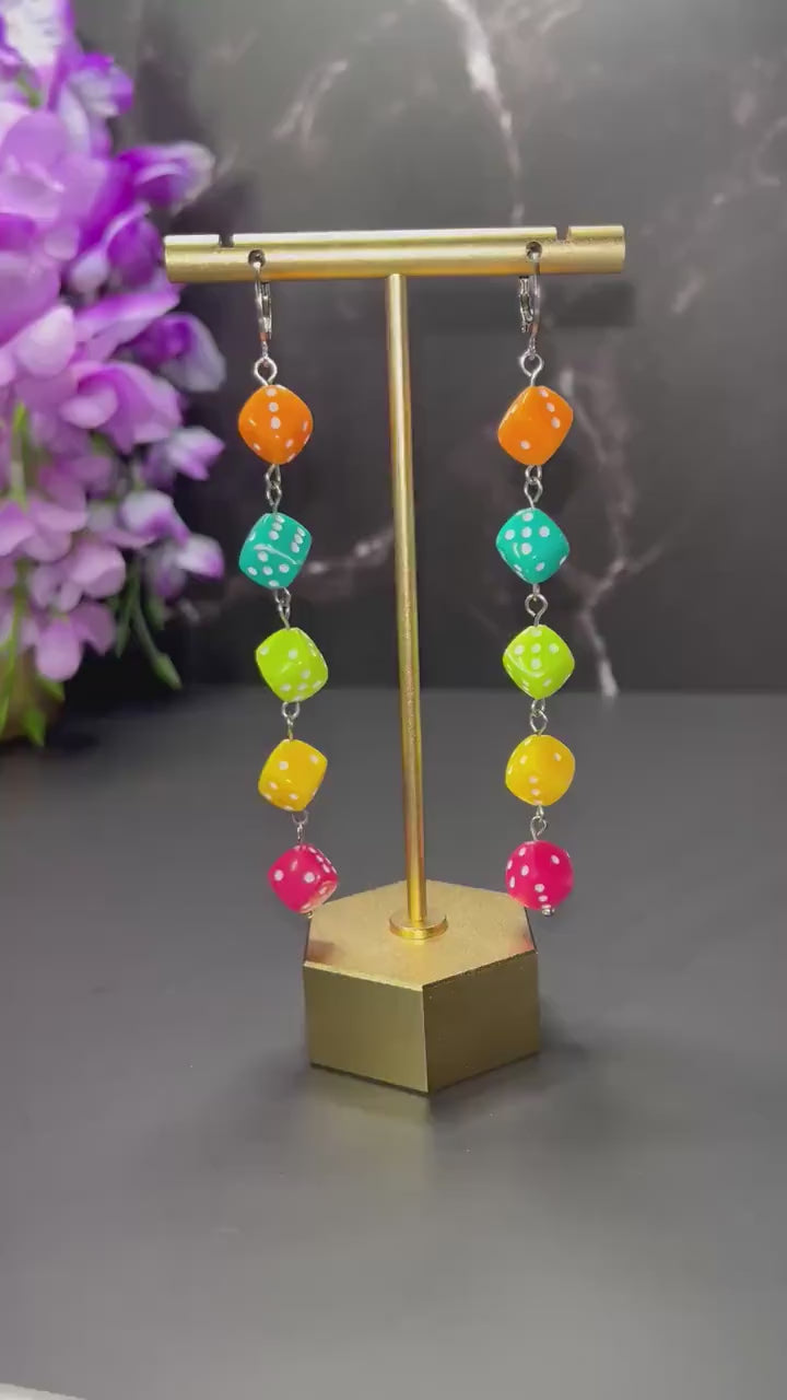 Dice Dangle Earrings | Retro Colorful Dice | Beaded Dice Earrings | Trendy Retro Earrings for Women | Fun Maximalist Jewelry | Lightweight |