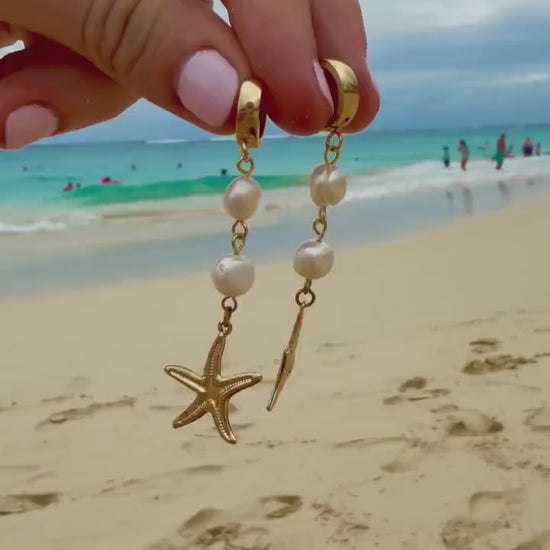 Starfish Pearl Drops | Stainless Steel Huggies | Summer Beach Earrings |