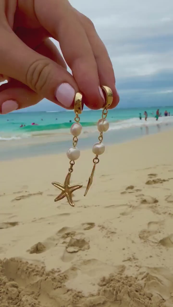 Starfish Pearl Drops | Stainless Steel Huggies | Summer Beach Earrings |