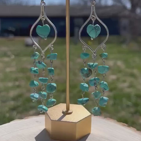 Faux Turquoise Stone Dangle Earrings | Large Statement Dangle | Turquoise Blue Chip | Western Boho Chic | Silver Jewelry | Chandelier Style