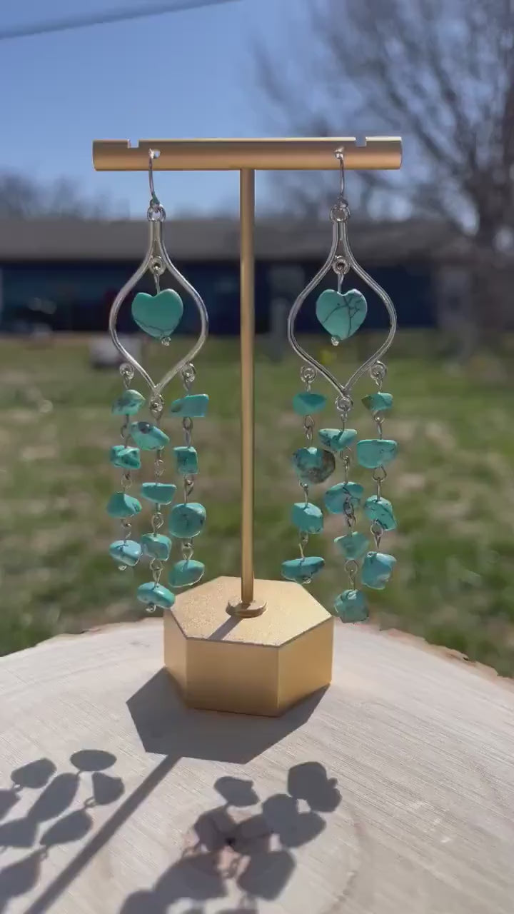 Faux Turquoise Stone Dangle Earrings | Large Statement Dangle | Turquoise Blue Chip | Western Boho Chic | Silver Jewelry | Chandelier Style