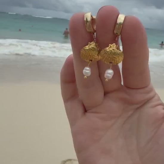 Seafarer Pearl Huggies | Gold Shell & Pearl Earrings | Stainless Steel Huggie Hoops | Coastal Jewelry | Beach Earrings