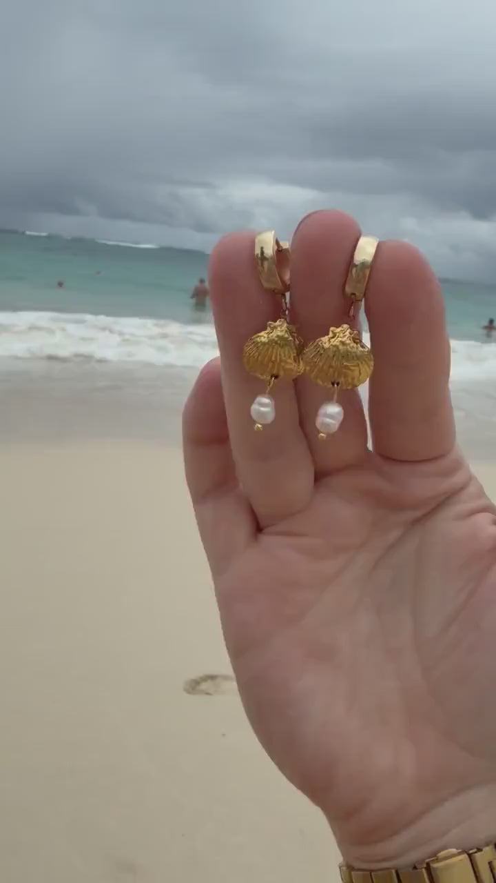 Seafarer Pearl Huggies | Gold Shell & Pearl Earrings | Stainless Steel Huggie Hoops | Coastal Jewelry | Beach Earrings